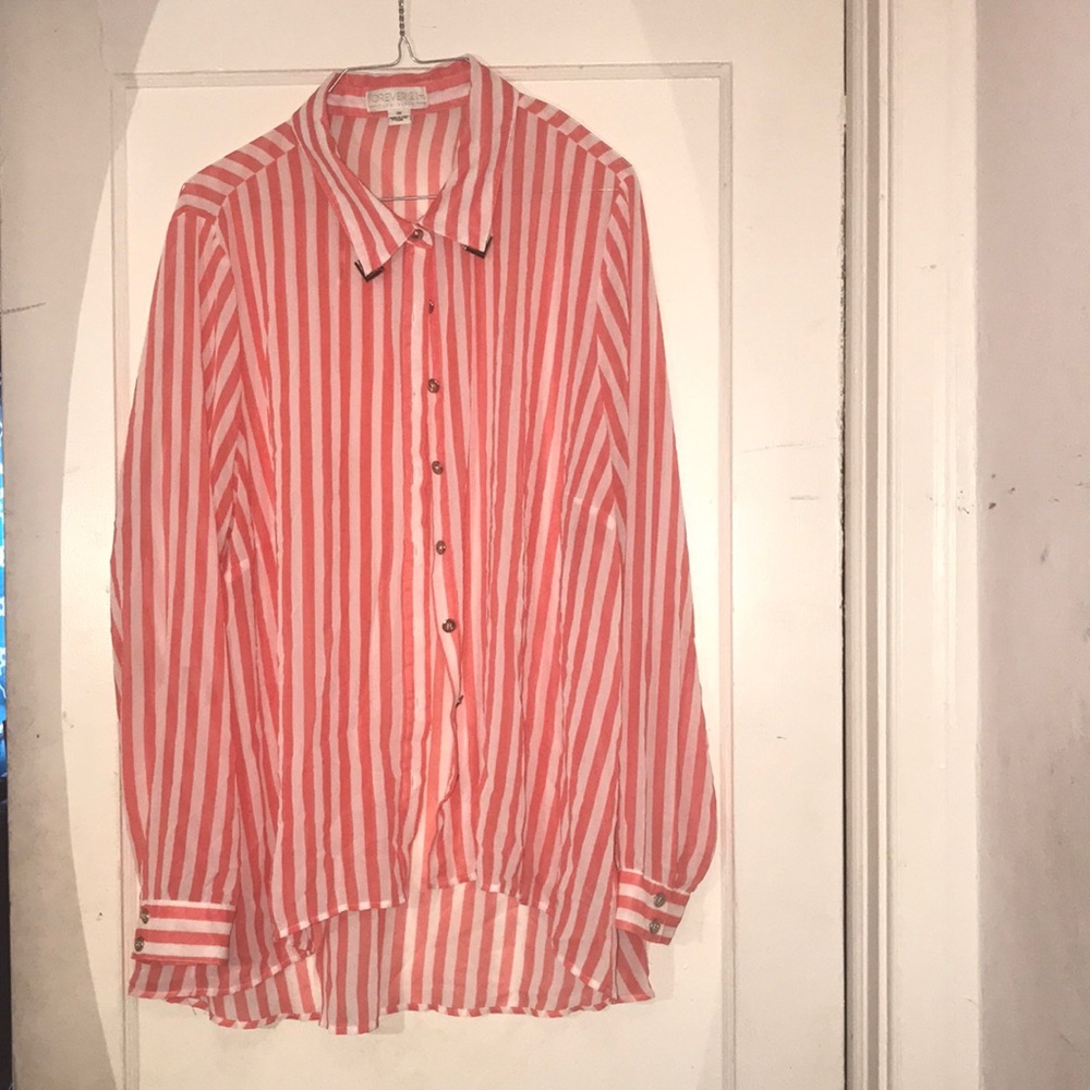 Pink/white long sleeve with embellished collar hi low see through shirt sz 3x